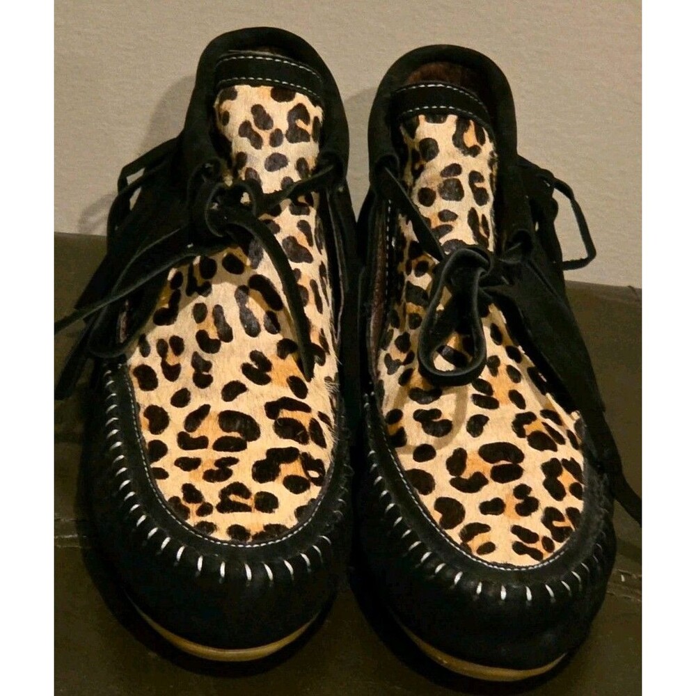 L&B Leopard Calf Hair Black Suede Fringe Moccasin Booties - Size 6